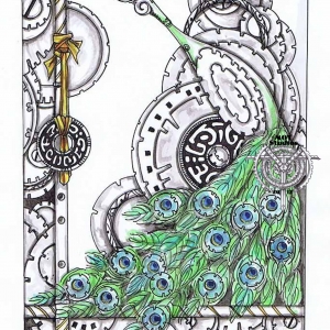 Peacock amidst gears & steampunk circles