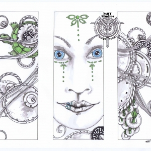 Triptych of woman's face, gears, and turtle